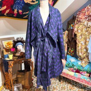 Gorgeous Samuel Dong Black Purple Geo Pattern Shawl Collar Wrap Coat Size L